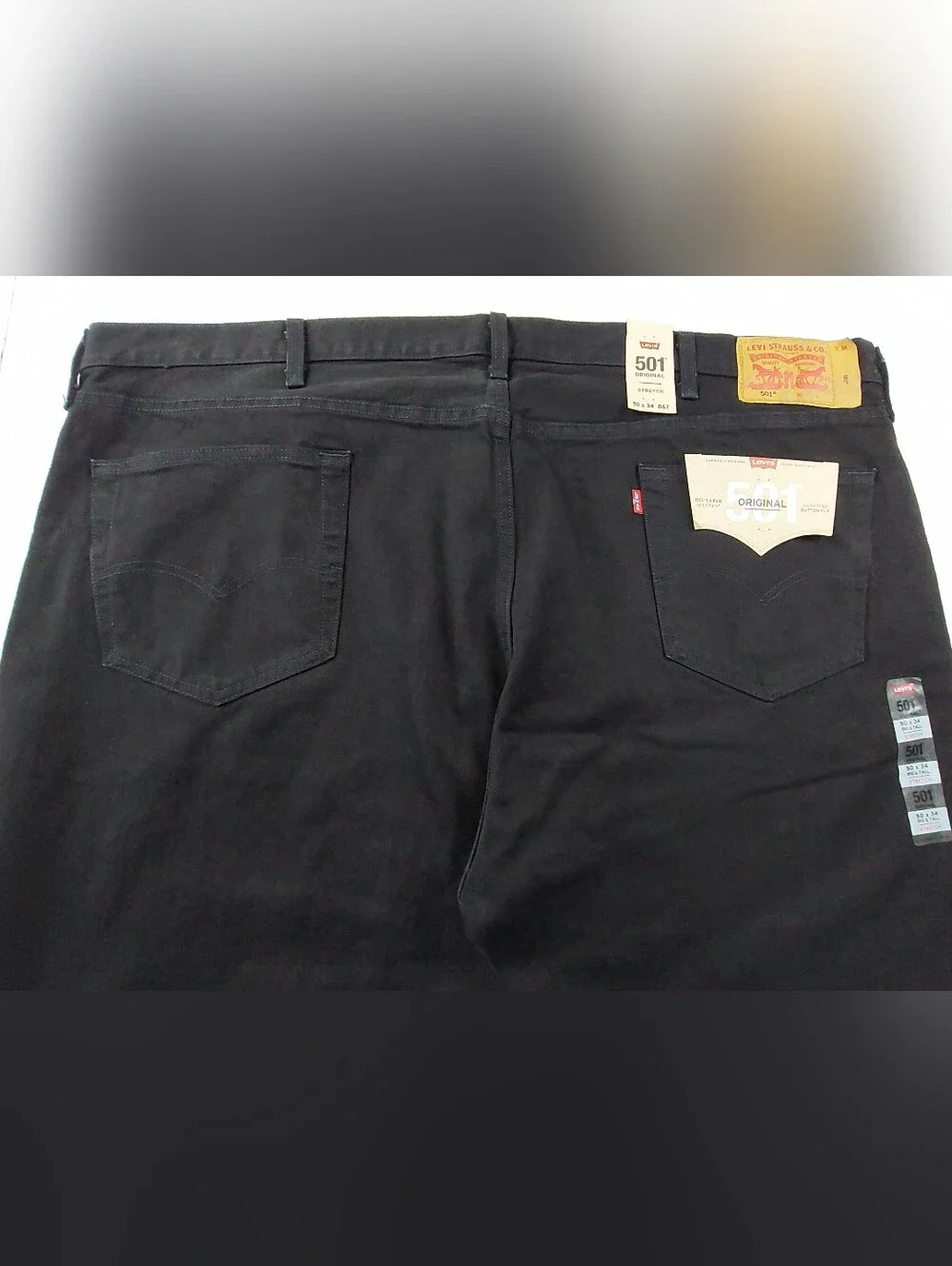 Levis Button Fly 501 Jeans Mens Size 50x34 Black Denim Stretch NWT $69.50